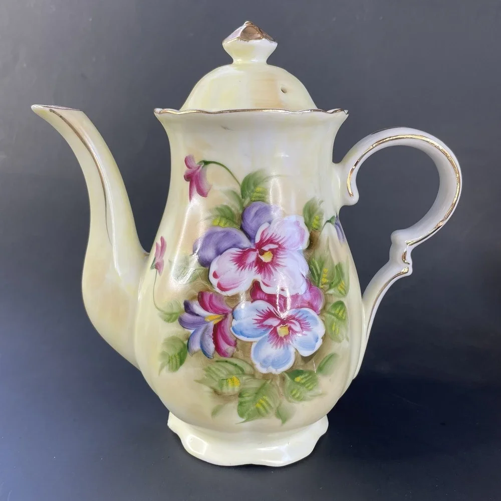 Vtg Norleans Teapot Hand‎ Painted Floral Gold Trim Green & Yellow 8 1/2